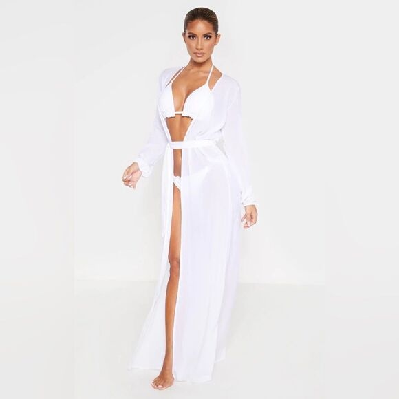 PRETTYLITTLETHING White Maxi Belted Beach Kimono. BRAND NEW WITH TAGS. Size 0. - Picture 1 of 8
